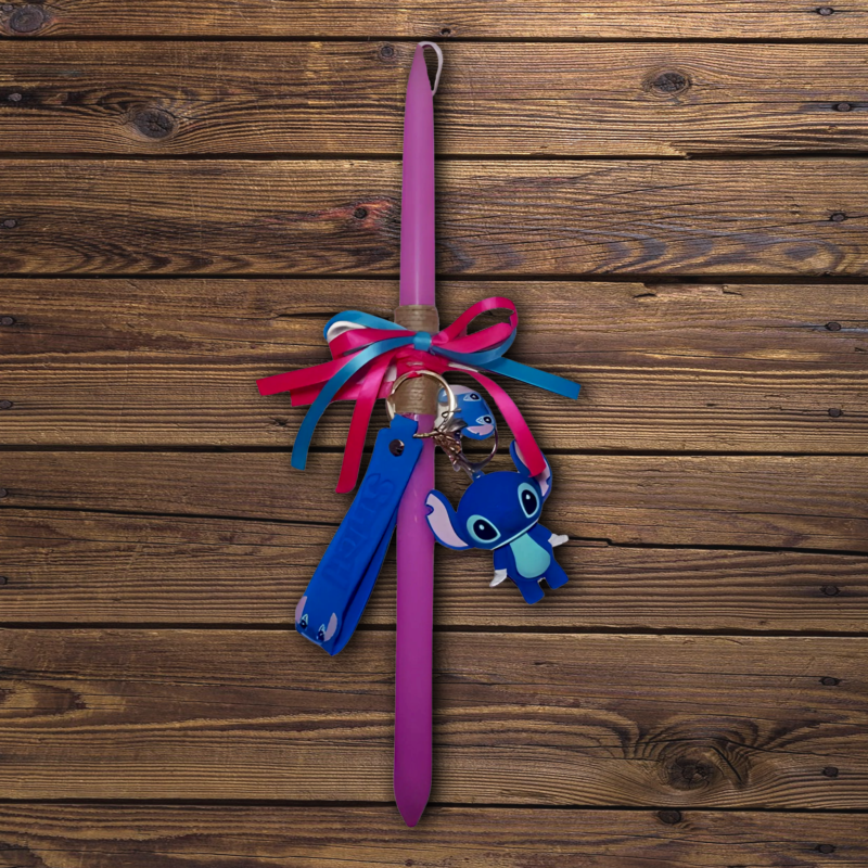 Ροζ Λαμπάδα Με Mπλε Μπρελόκ Stitch