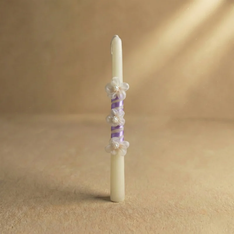 movlouloudia Λαμπάδα Με Μωβ Κορδέλα Και Λουλούδια